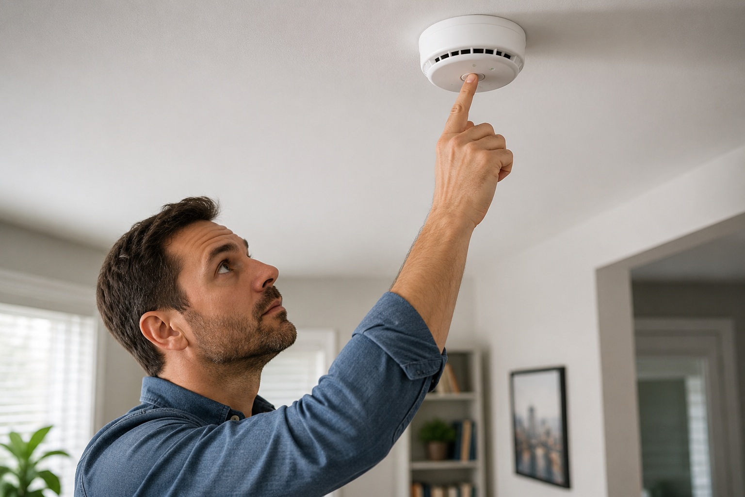 Personne vérifiant le fonctionnement d’un détecteur de fumée au plafond