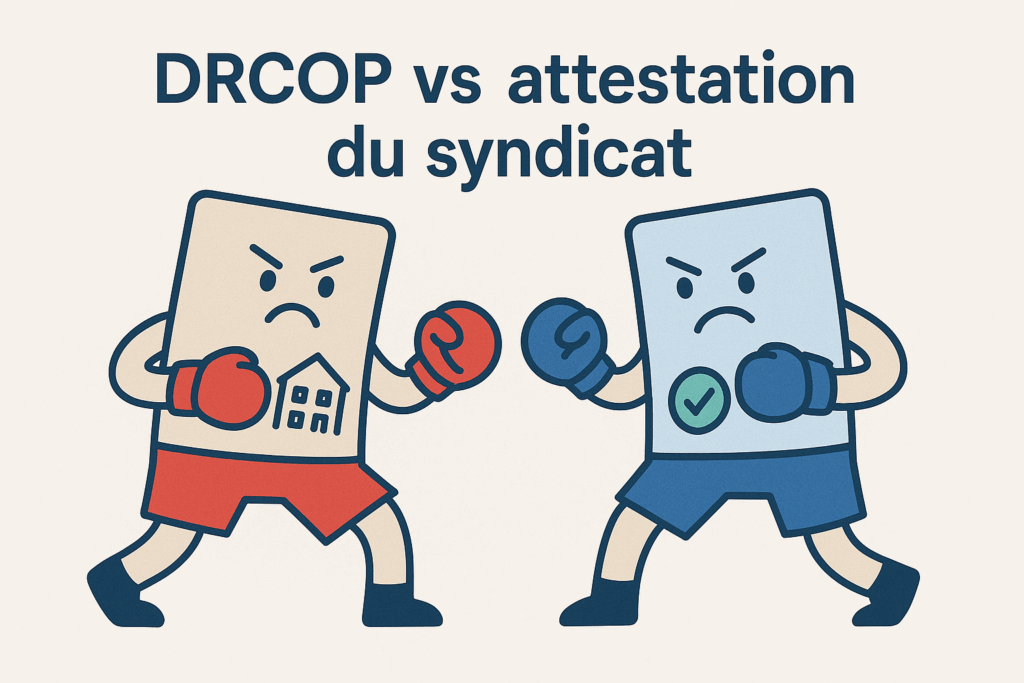 Illustration humoristique montrant la DRCOP et l’attestation du syndicat qui se combattent, symbolisant les différences entre les deux documents en copropriété.