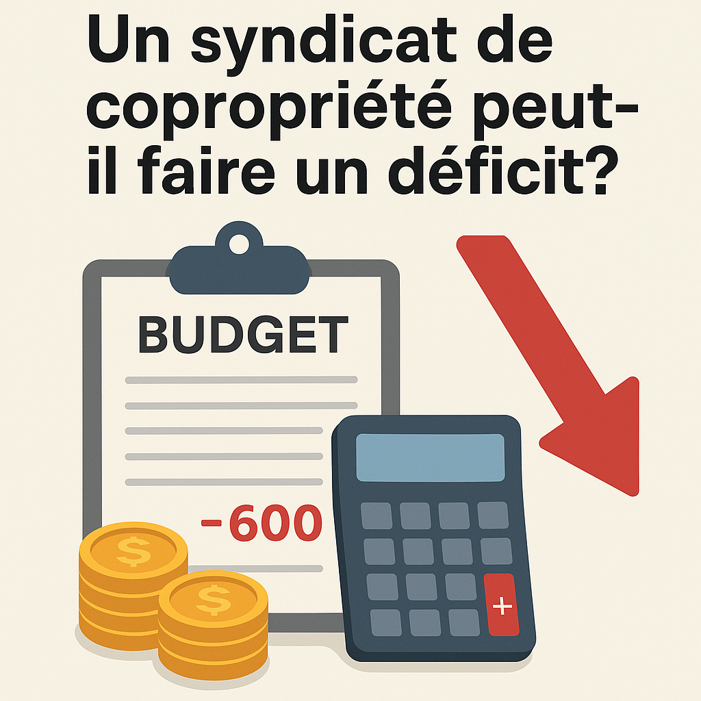 Illustration d’un budget de syndicat de copropriété en déficit avec une calculatrice, des pièces de monnaie et une flèche rouge descendante.