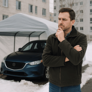 Copropriétaire songeur devant un abri Tempo – copropriété