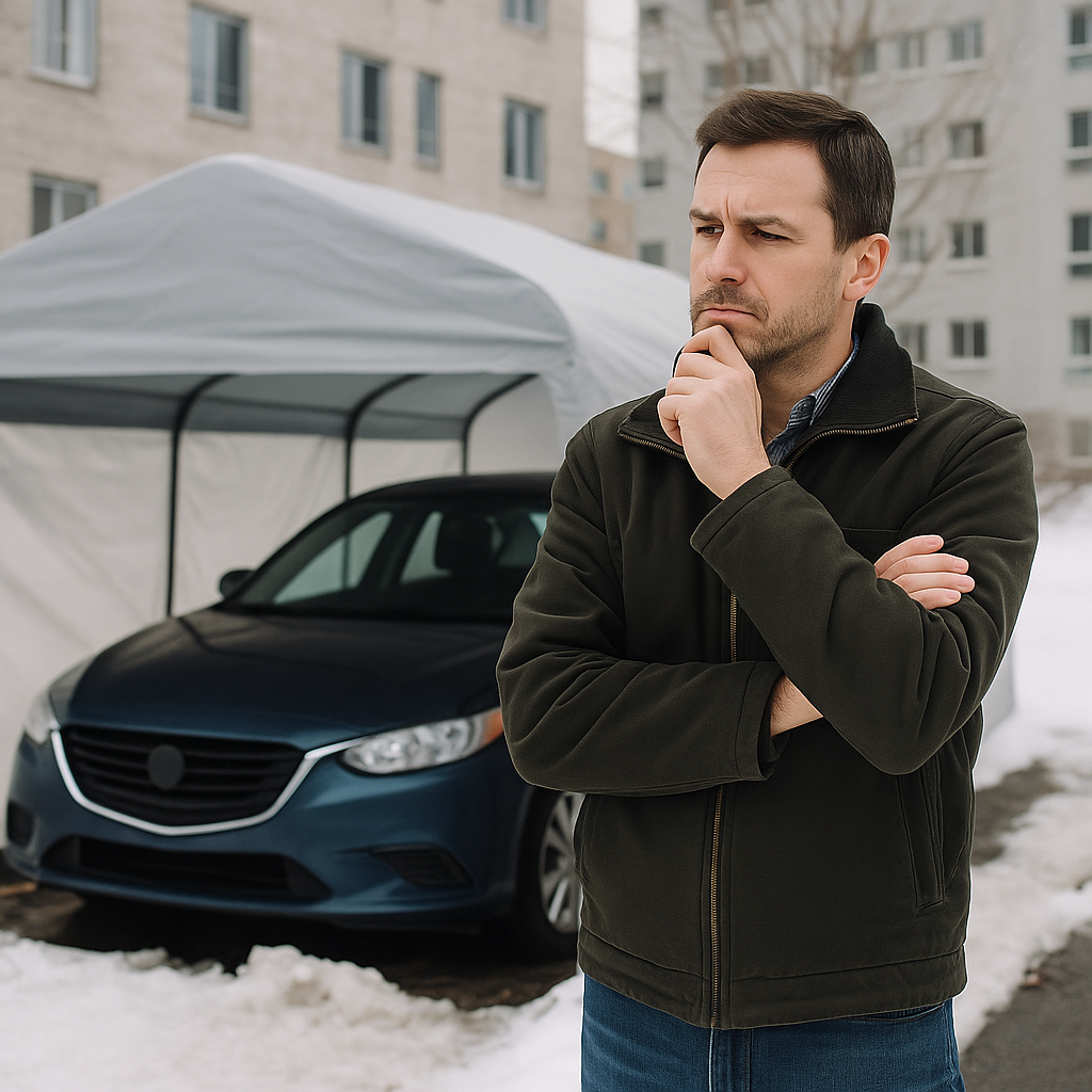 Copropriétaire songeur devant un abri Tempo – copropriété