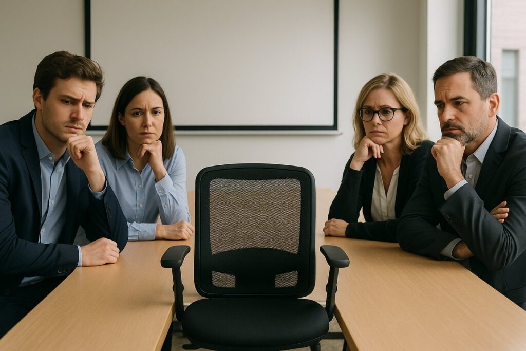 Réunion du conseil de copropriété avec une chaise vide symbolisant l’absence d’un administrateur; les membres ont un air songeur.