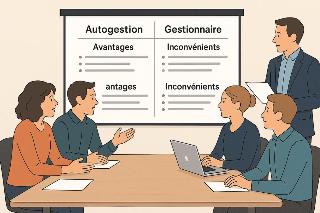 Groupe de copropriétaires en réunion, regardant un écran présentant un tableau comparatif des avantages et inconvénients de l’autogestion et de la gestion professionnelle.