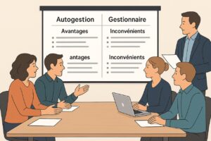 Groupe de copropriétaires en réunion, regardant un écran présentant un tableau comparatif des avantages et inconvénients de l’autogestion et de la gestion professionnelle.