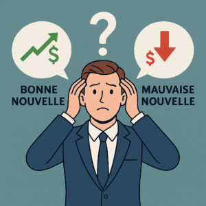 indécis face à une bonne ou mauvaise nouvelle financière, illustrant l’impact de la Loi 16 sur les syndicats de copropriété.