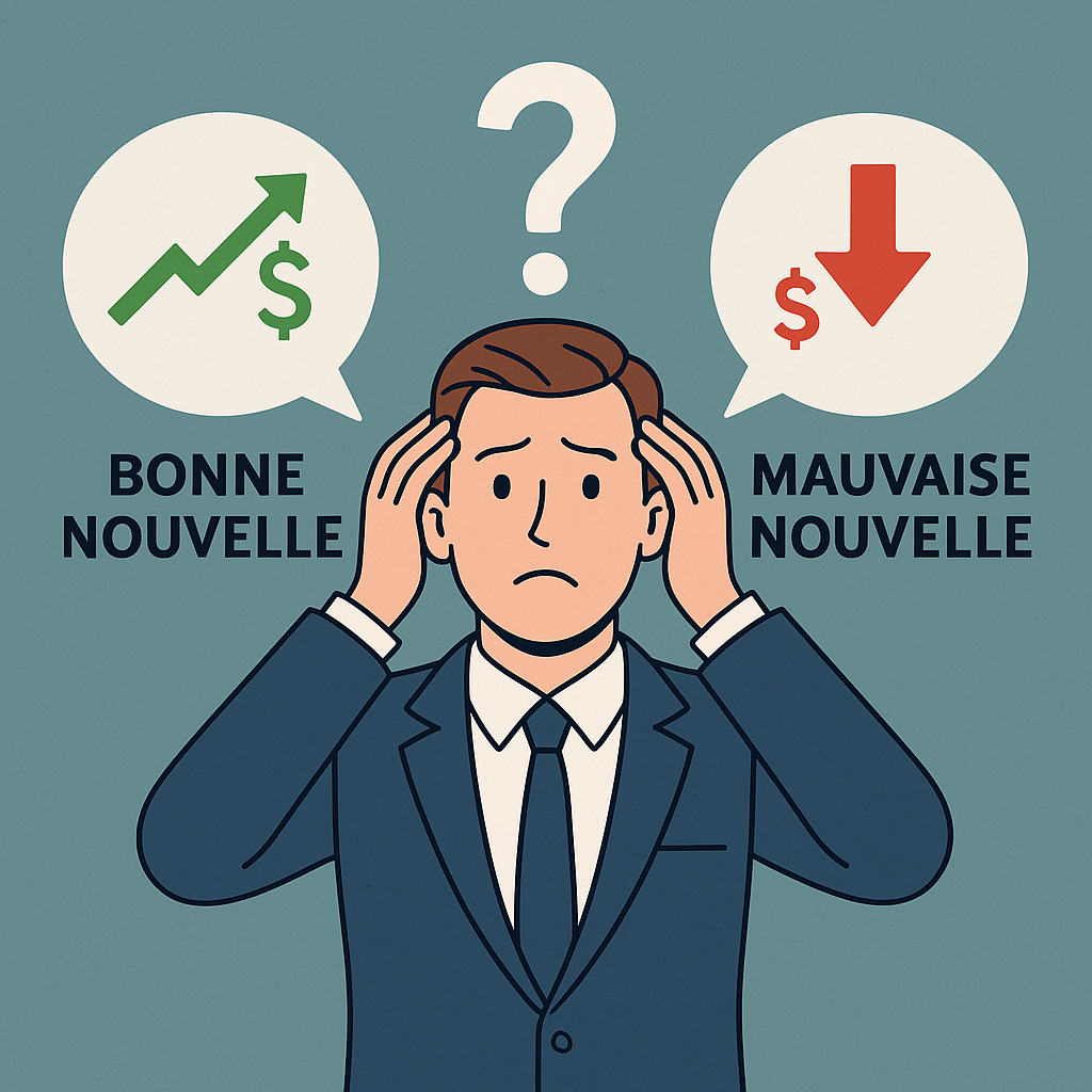 indécis face à une bonne ou mauvaise nouvelle financière, illustrant l’impact de la Loi 16 sur les syndicats de copropriété.