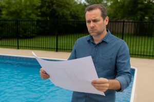Personne devant une piscine creusée tenant un plan, air perplexe, illustrant la complexité des travaux de conformité.