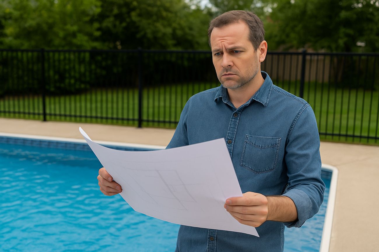 Personne devant une piscine creusée tenant un plan, air perplexe, illustrant la complexité des travaux de conformité.