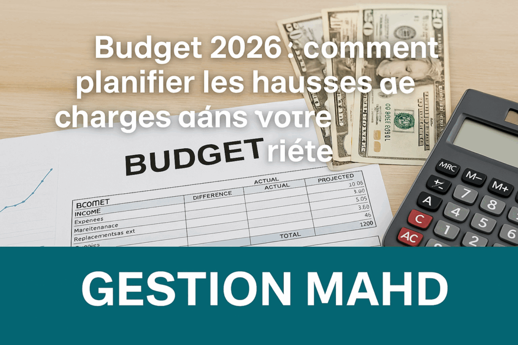 Document de budget et calculatrice illustrant la planification des hausses de charges dans une copropriété, par Gestion MAHD
