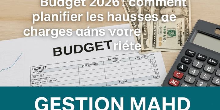 Document de budget et calculatrice illustrant la planification des hausses de charges dans une copropriété, par Gestion MAHD