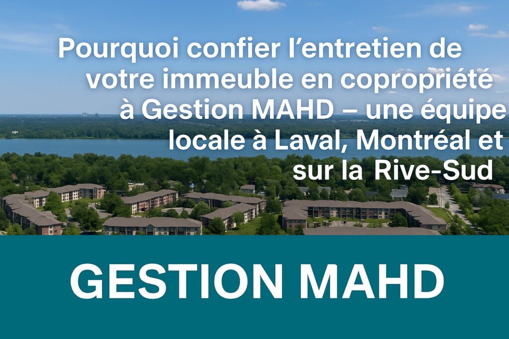 Vue aérienne d’immeubles en copropriété au Québec illustrant les services d’entretien de Gestion MAHD à Laval, Montréal et sur la Rive-Sud