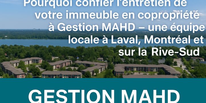 Vue aérienne d’immeubles en copropriété au Québec illustrant les services d’entretien de Gestion MAHD à Laval, Montréal et sur la Rive-Sud