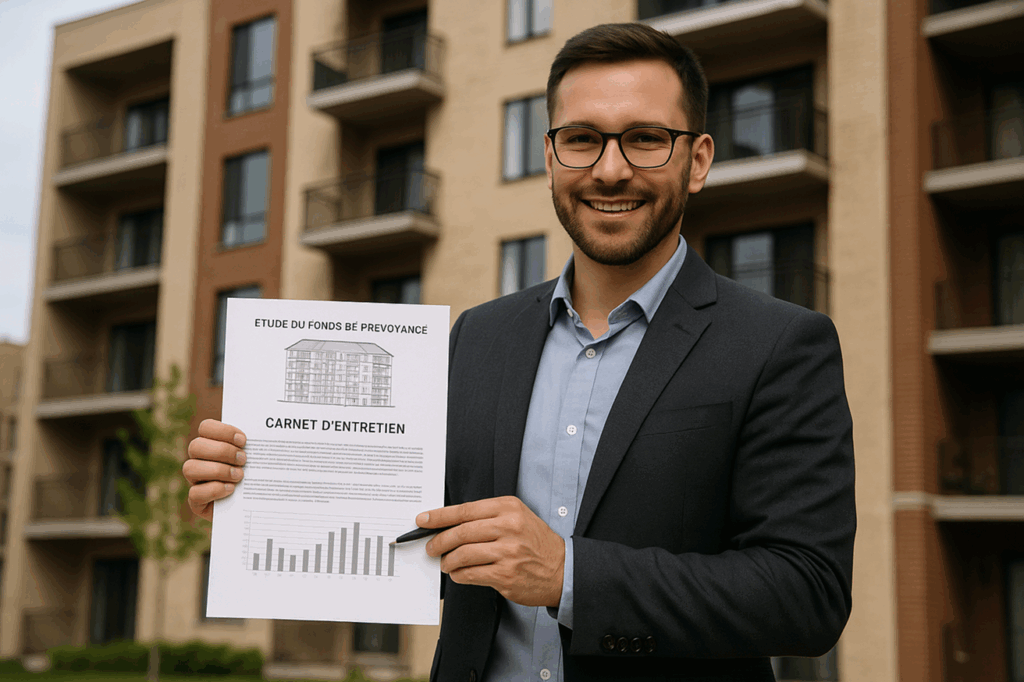 Gestionnaire de copropriété présentant une étude du fonds de prévoyance et un carnet d’entretien