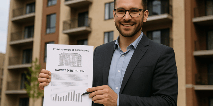 Gestionnaire de copropriété présentant une étude du fonds de prévoyance et un carnet d’entretien