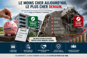 Illustration sur la fausse illusion d’une saine gestion en copropriété montrant qu’économiser à court terme peut entraîner des coûts beaucoup plus élevés à long terme.