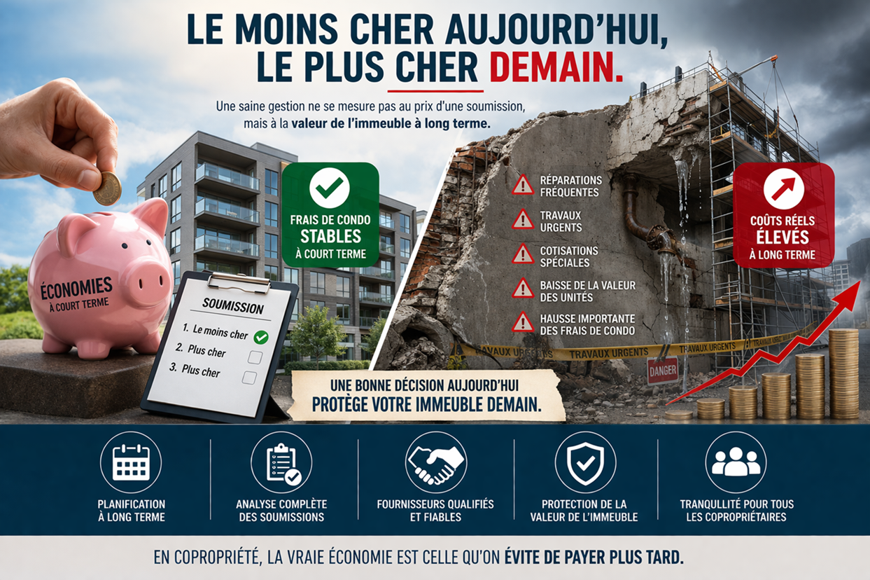 Illustration sur la fausse illusion d’une saine gestion en copropriété montrant qu’économiser à court terme peut entraîner des coûts beaucoup plus élevés à long terme.