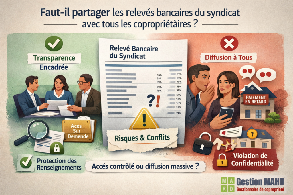Faut-il partager les relevés bancaires du syndicat avec tous les copropriétaires illustration montrant les risques de confidentialité et l’importance d’un accès encadré