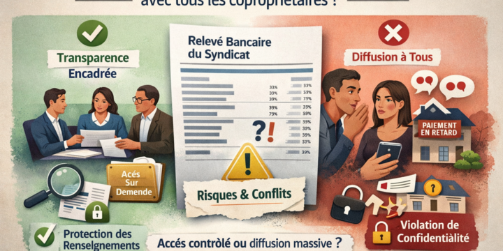 Faut-il partager les relevés bancaires du syndicat avec tous les copropriétaires illustration montrant les risques de confidentialité et l’importance d’un accès encadré