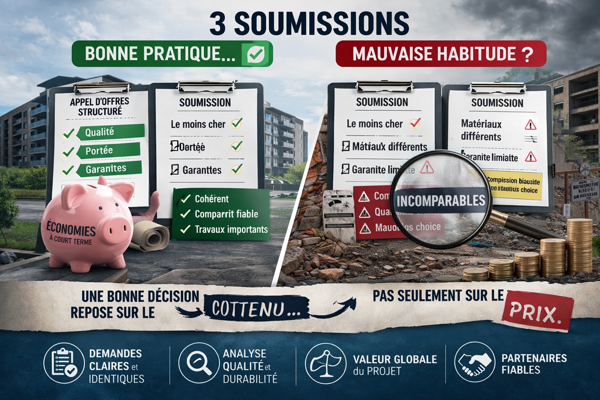 Infographie sur les 3 soumissions en copropriété montrant qu’une bonne décision repose sur l’analyse du contenu, de la qualité et des garanties, et non uniquement sur le prix.