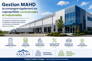 Immeuble en copropriété commerciale et industrielle géré par Gestion MAHD offrant des services de gestion professionnelle partout au Québec.