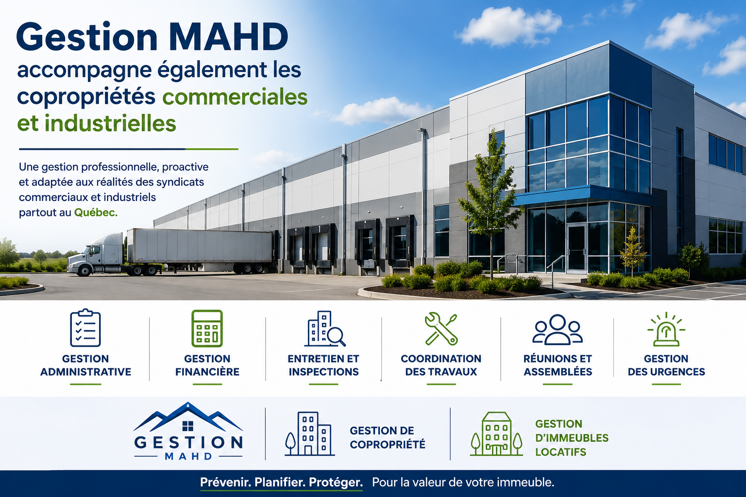 Immeuble en copropriété commerciale et industrielle géré par Gestion MAHD offrant des services de gestion professionnelle partout au Québec.